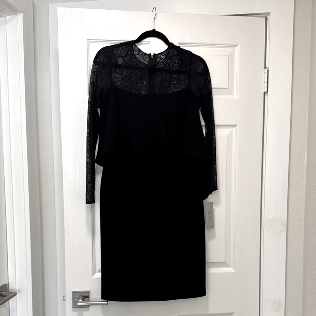 Nwt Teri Jon Black Long Sleeve Lace Details Mock Neck Sheath Lined Dress Size 4